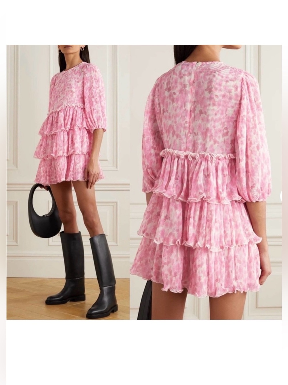 Ganni Pink Tiered Floral Dress Size 36